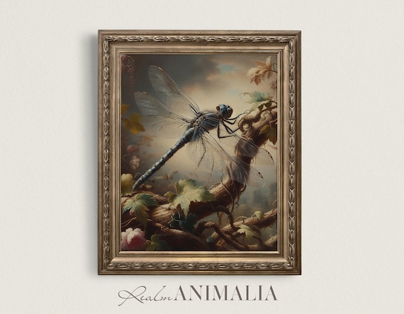 Blue Dragonfly Resting On Twisted Vine Vintage Moody Insect Wall Art Print