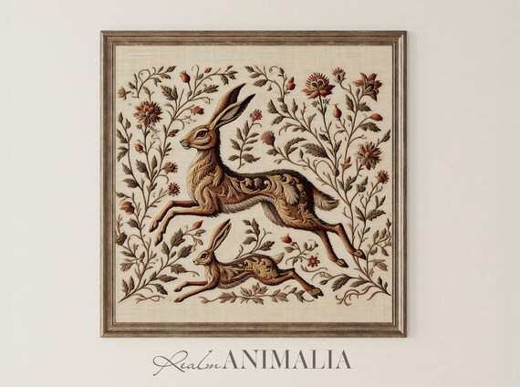 Leaping Hares In Botanical Tapestry Vintage Embroidered Poster