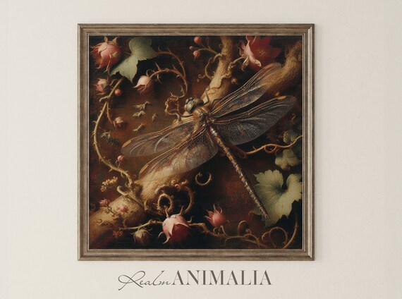 Moody Dragonfly Print Vintage Botanical Dragonfly Square Painting Antique Floral Dragonfly Wall Art Dr005