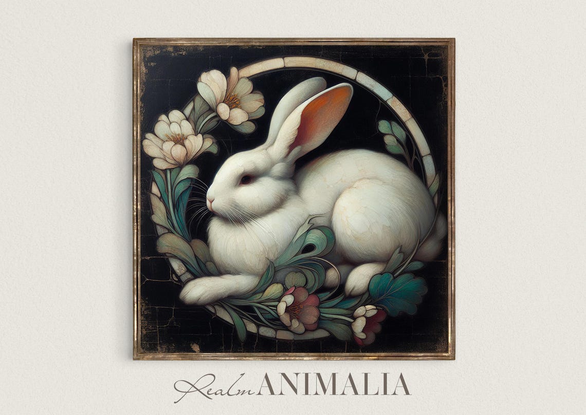 White Rabbit Curled With Flowers Art Nouveau Medallion Poster