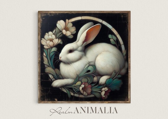 White Rabbit Square Art Print Moody Spring Wall Art Vintage Nursery Art Prints Art Nouveau Illustration Bunny Artwork Br016