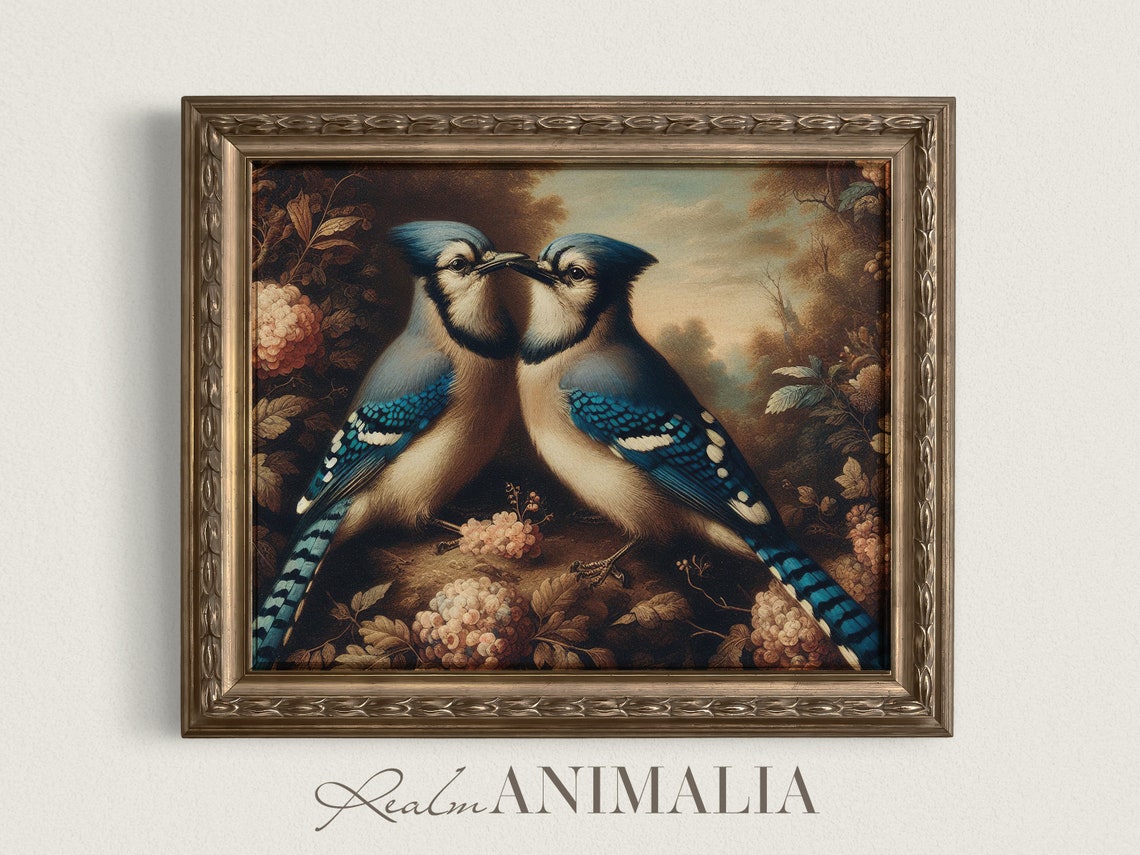 Vintage Pair Of Blue Jays Facing Each Other Among Blossoms Bird Poster