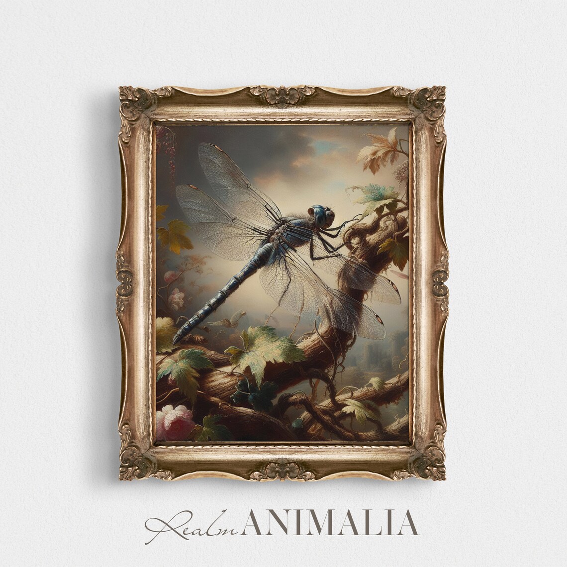 Blue Dragonfly Resting On Twisted Vine Vintage Moody Insect Wall Art Print - Image 2