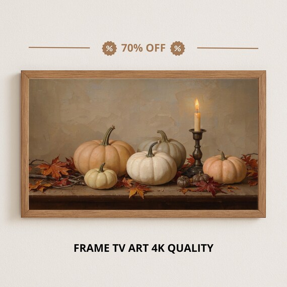 White Pumpkins with Candle and Autumn Leaves Samsung Frame TV Art Print