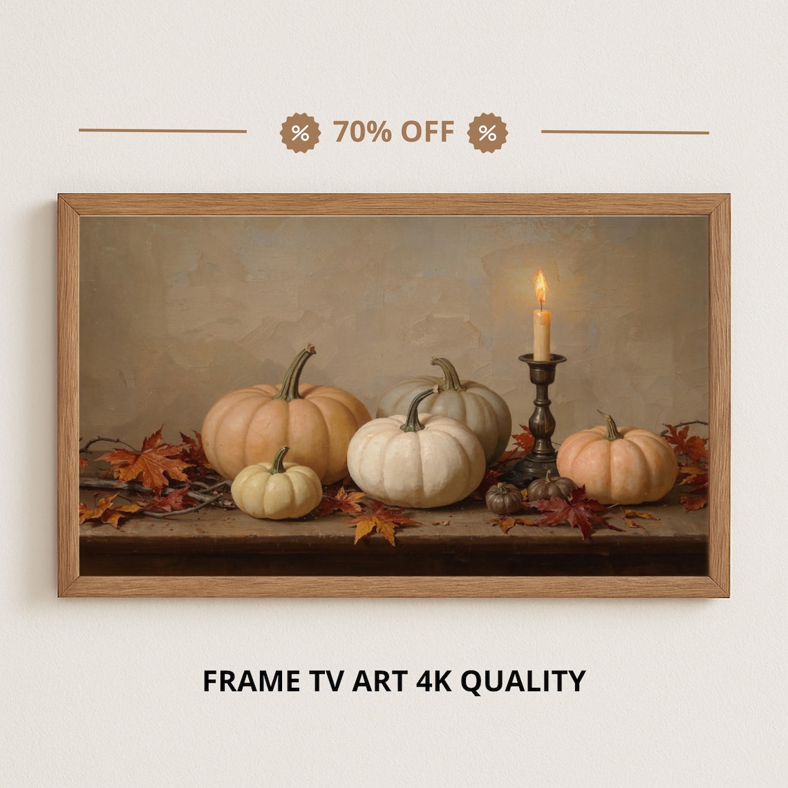 White Pumpkins with Candle and Autumn Leaves Samsung Frame TV Art Print