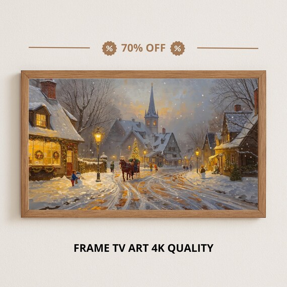 Victorian Christmas Village Snow Church Spire Horse Carriage Art Print