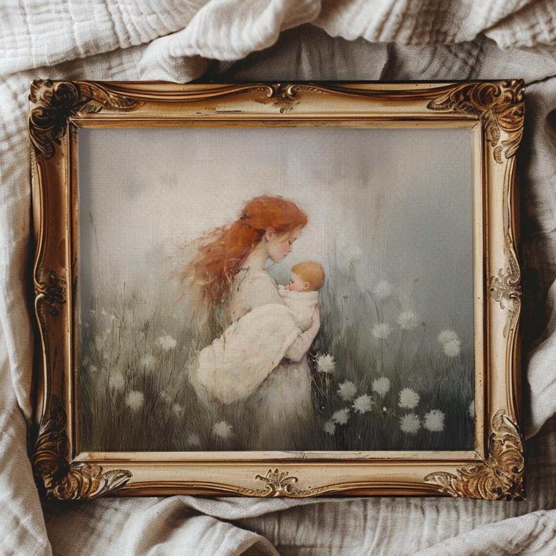 Red Haired Mother With Baby In Misty Flower Field Art Poster