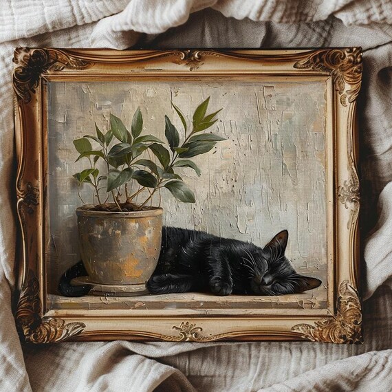 Sleeping Black Cat Beside Potted Plant Vintage Painting Poster