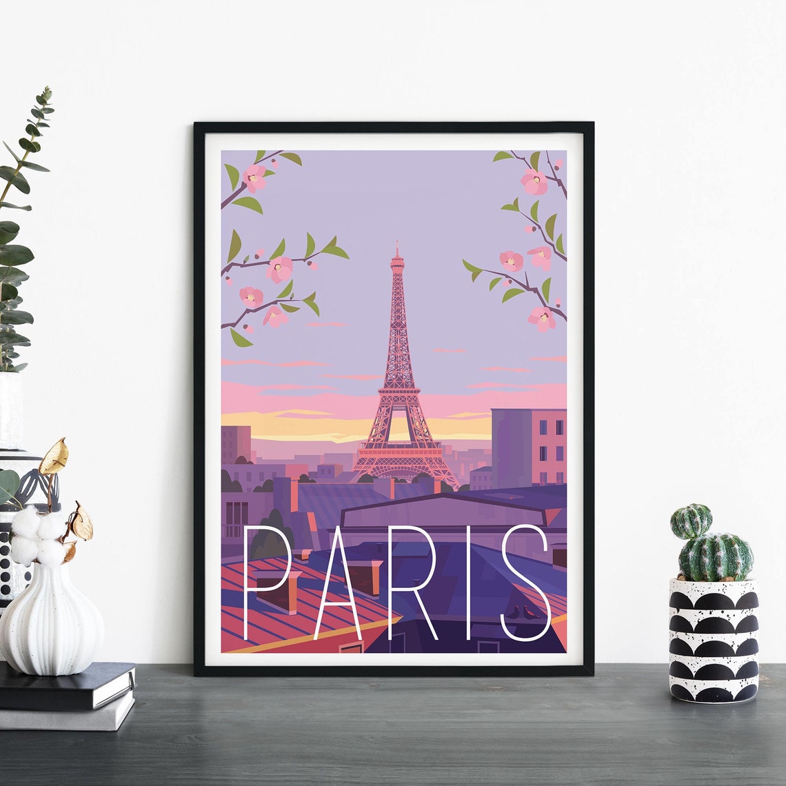 Paris Eiffel Tower Cherry Blossom Sunset Pastel Travel Art Poster