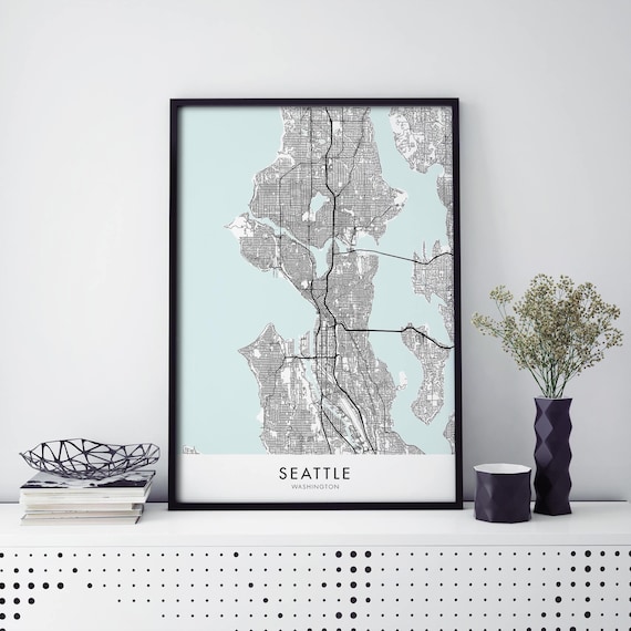 Seattle Washington City Map Light Blue Water Minimalist Poster