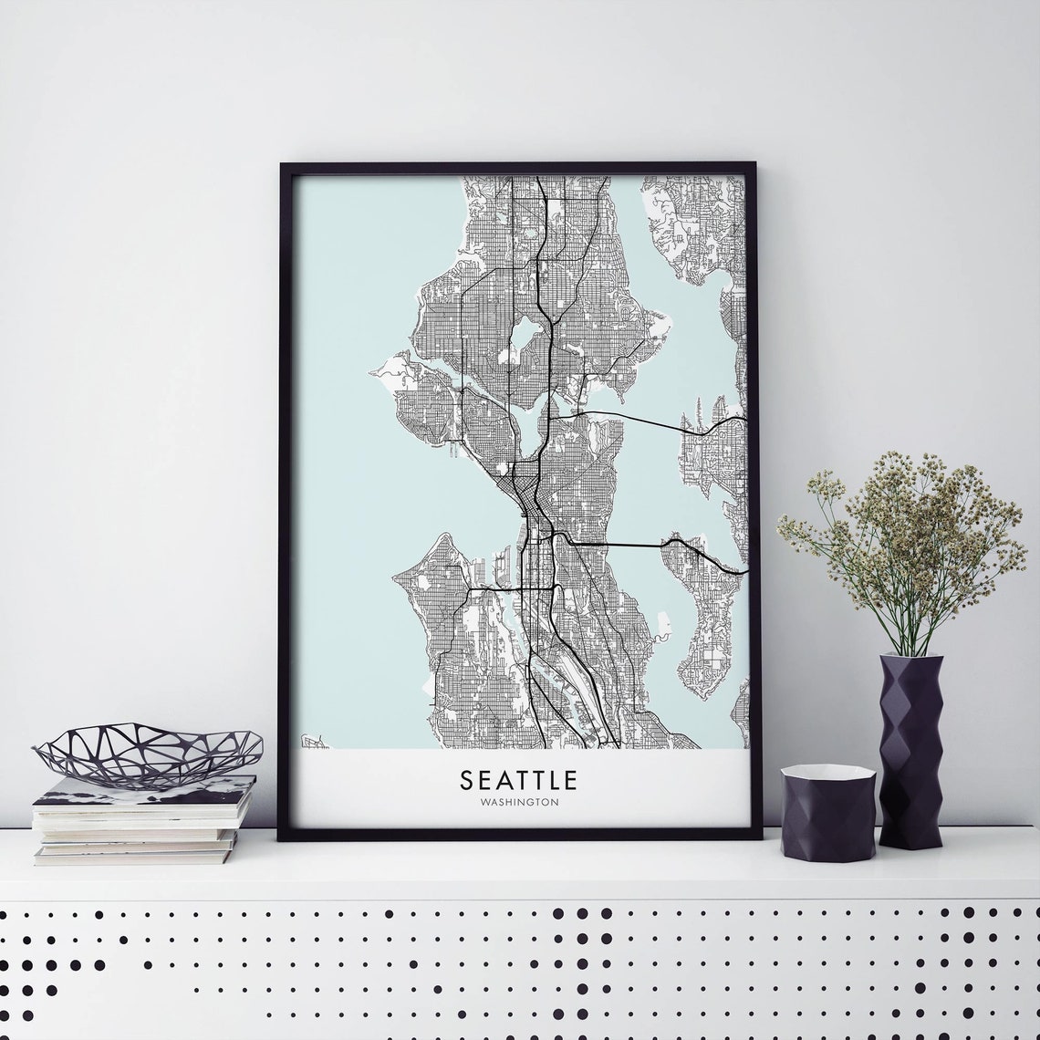Seattle Washington City Map Light Blue Water Minimalist Poster