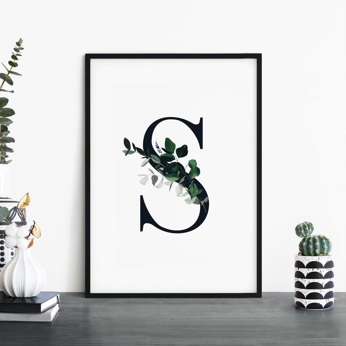Botanical Letter S Monogram Initial Watercolor Greenery Art Poster