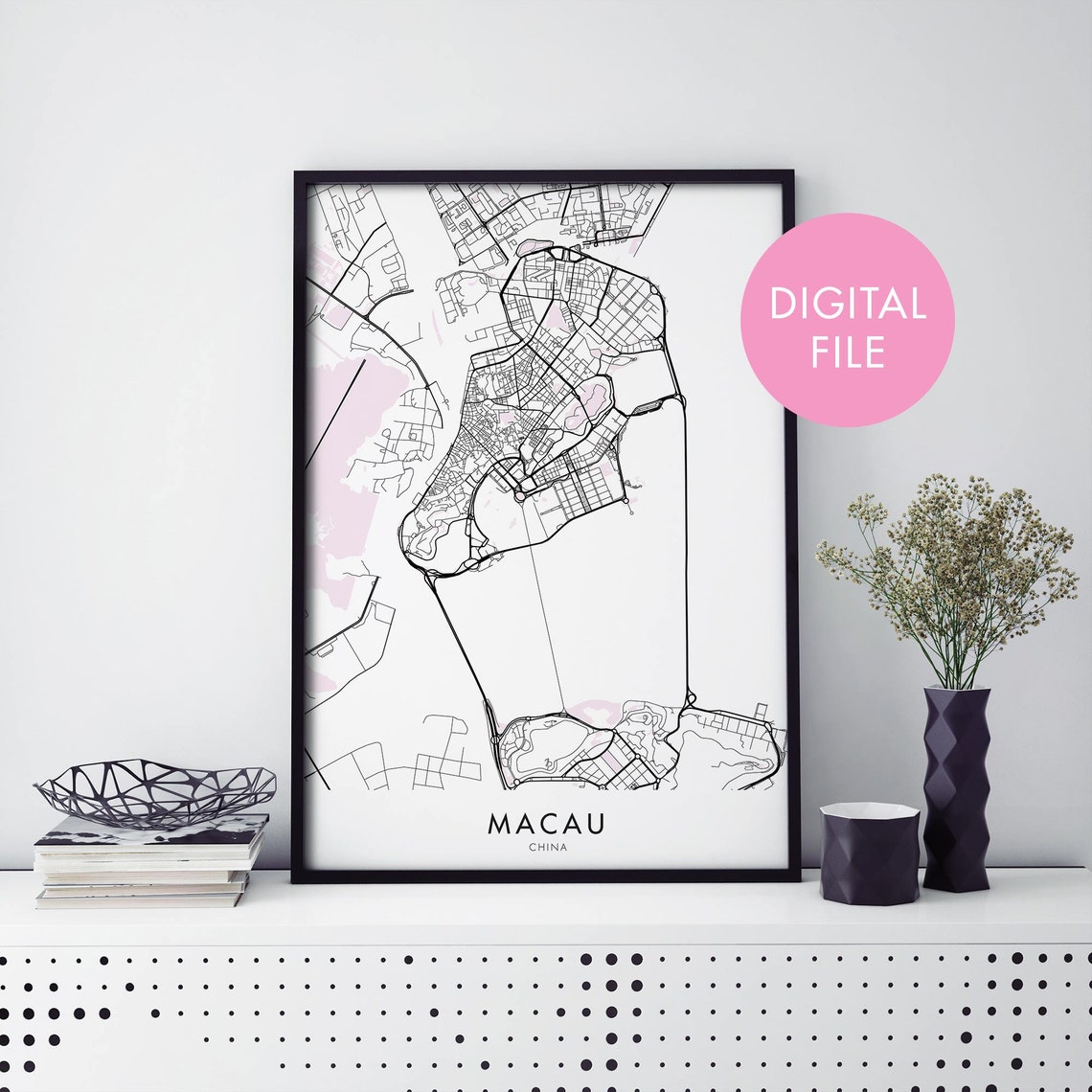 Macau China Minimalist Black and White City Street Map Print