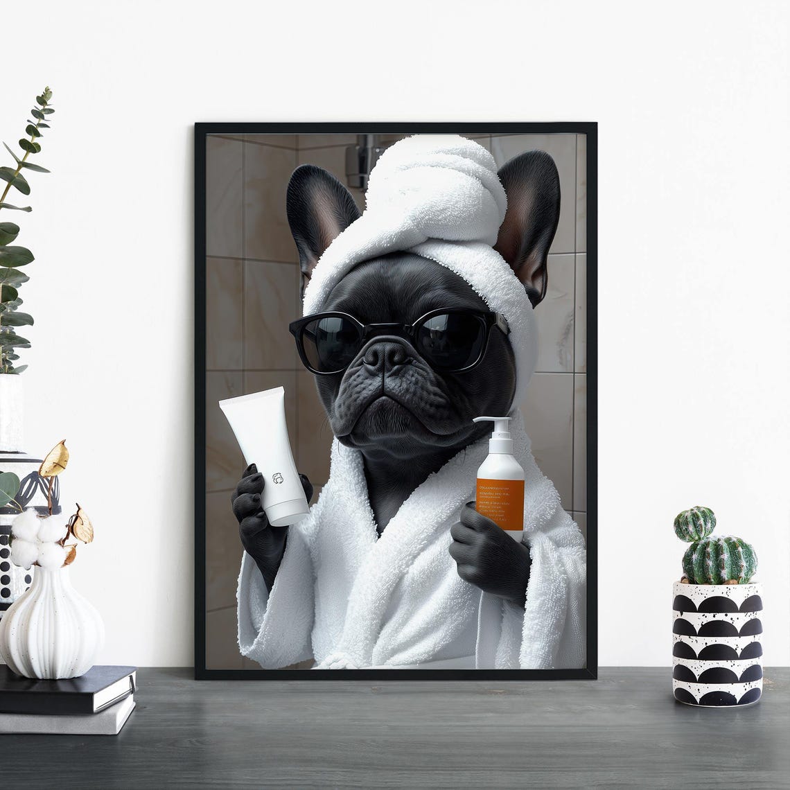 Cool French Bulldog Spa Day Sunglasses Bathrobe Cute Dog Poster