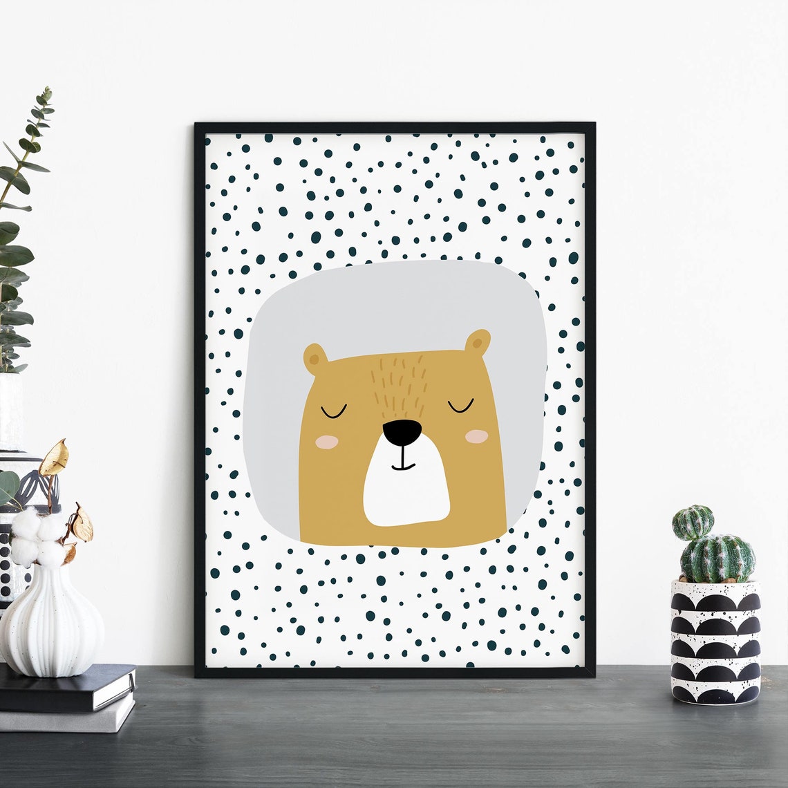 Sleeping Golden Bear Dotted Background Kids Nursery Wall Art