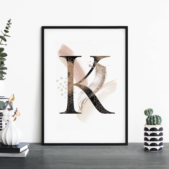 Gold Glitter Letter K Alphabet Monogram Watercolor Wall Poster