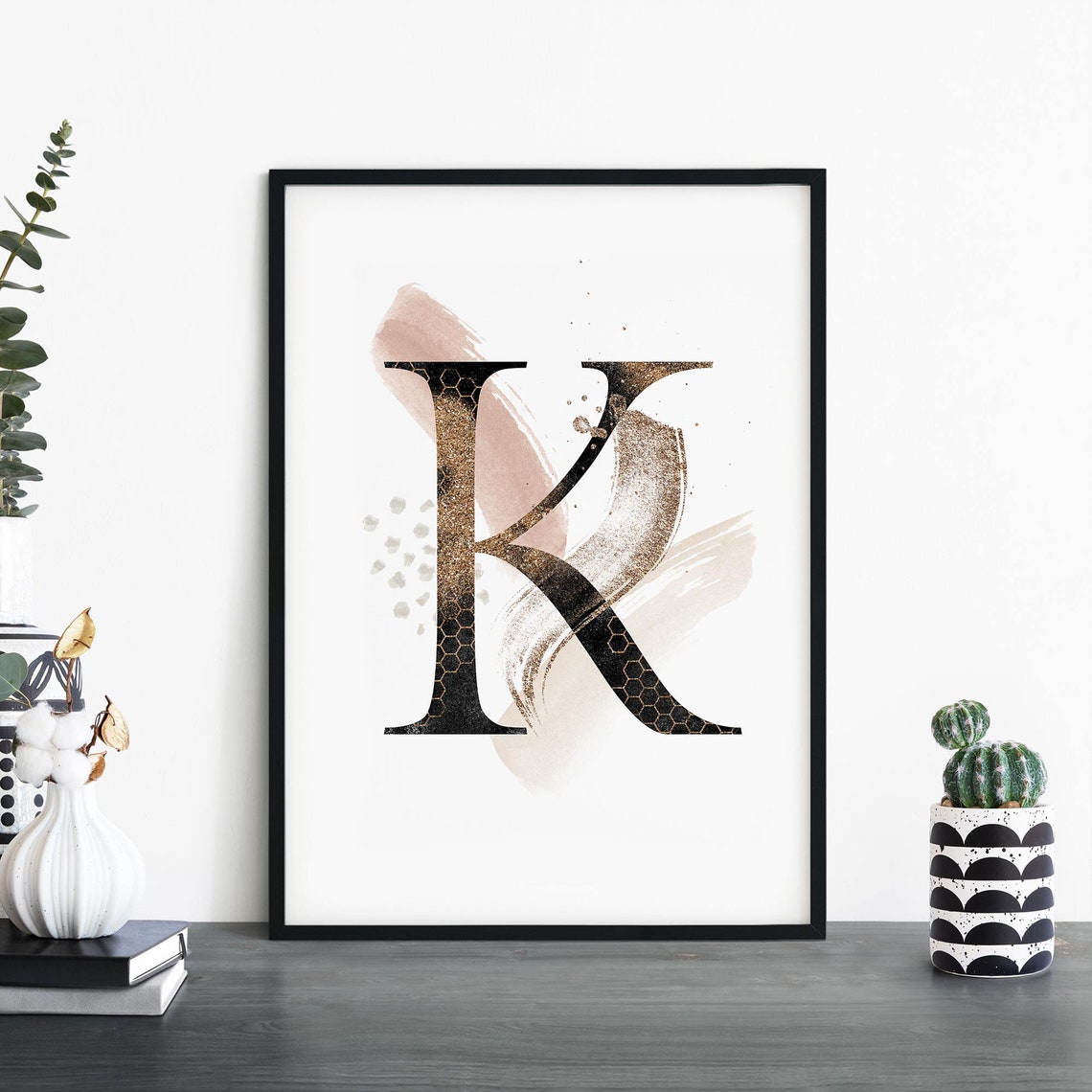 Gold Glitter Letter K Alphabet Monogram Watercolor Wall Poster