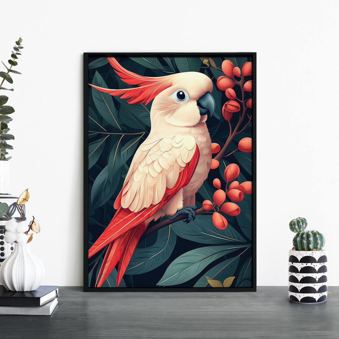 Pink Cockatoo Full Body Perched Facing Right Illustrative Bird Poster