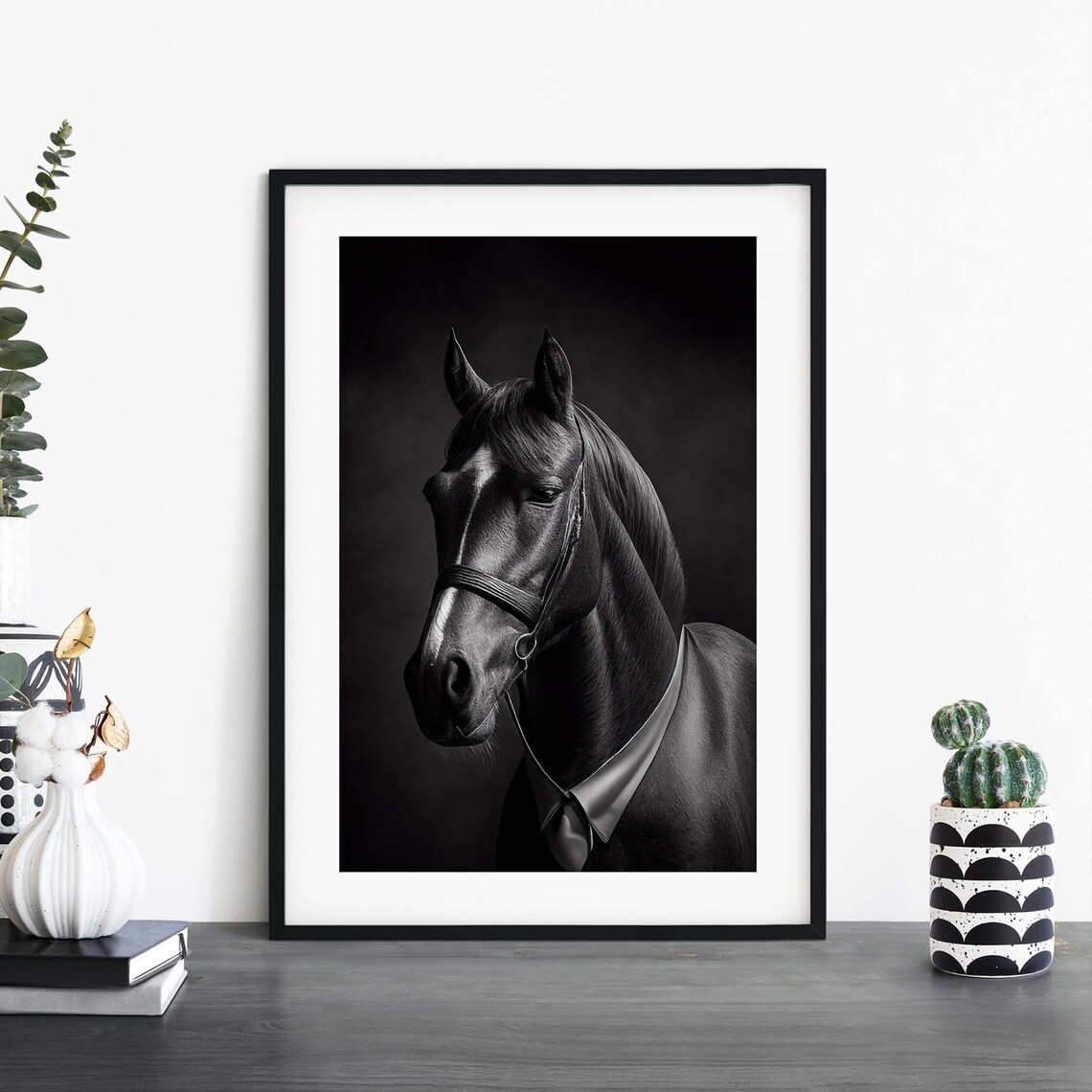 Black Horse In A White Shirt And Tie Monochrome Portrait Poster