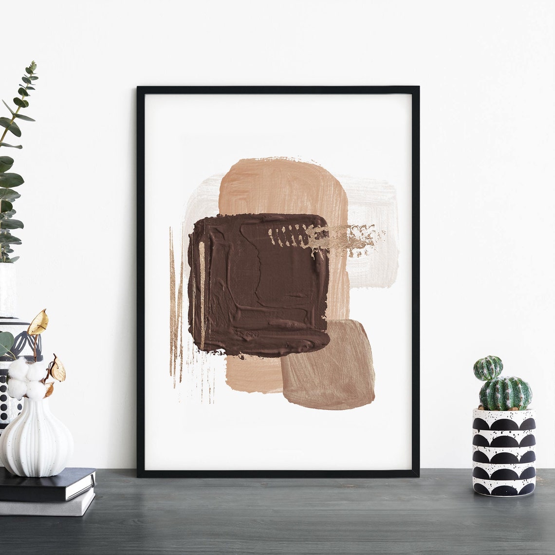 Dark Brown Square Over Tan Shapes Bold Neutral Abstract Print