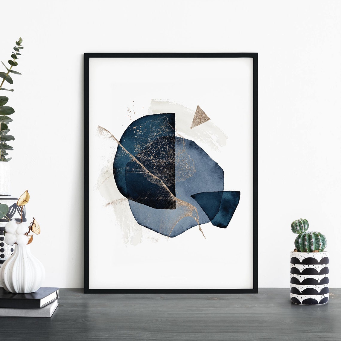 Navy Blue and Gold Abstract Watercolor Circles Modern Art Print