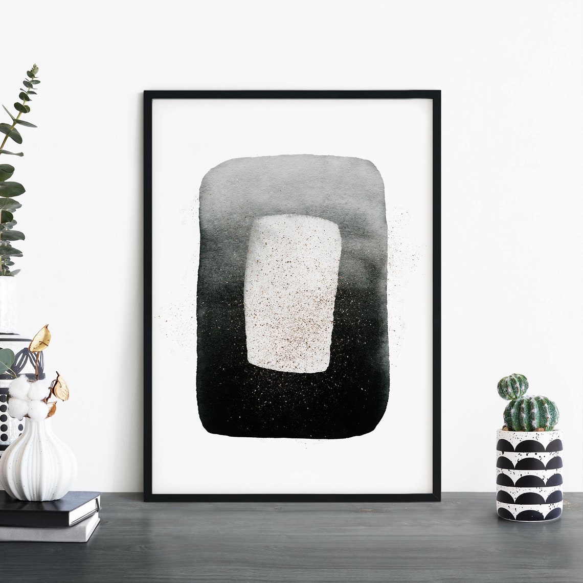Black White Speckled Abstract Watercolor Square Modern Art Print