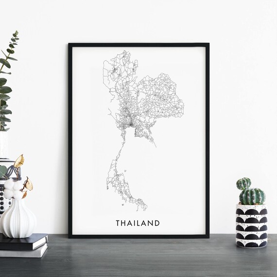 Thailand Road Map Line Art Minimalist Black White Country Poster