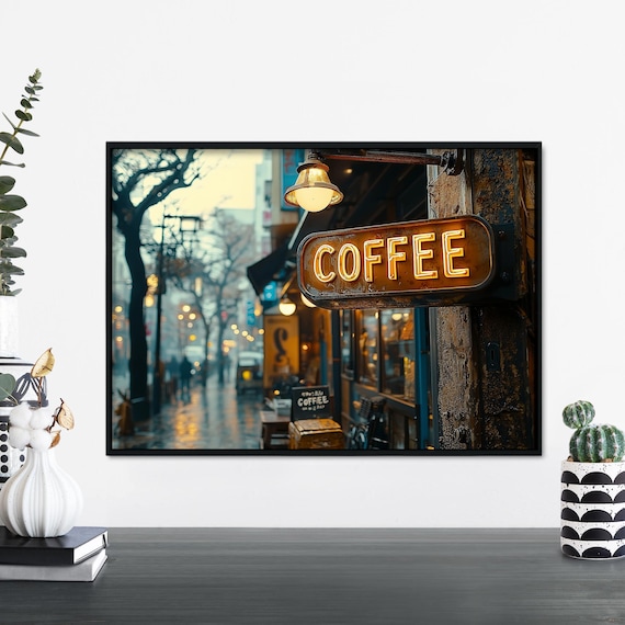 Coffee Neon Sign Rainy Street Cafe Vintage Style Photo Poster