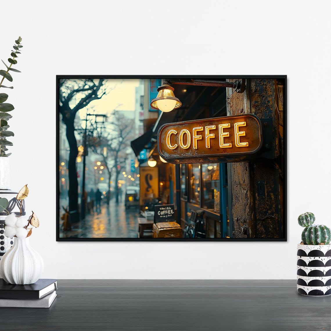 Coffee Neon Sign Rainy Street Cafe Vintage Style Photo Poster