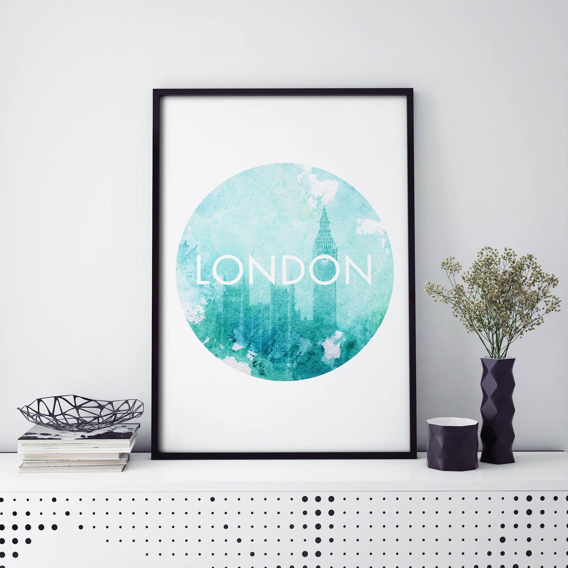 London Big Ben Teal Watercolor Circle Landmark Decor Art Poster