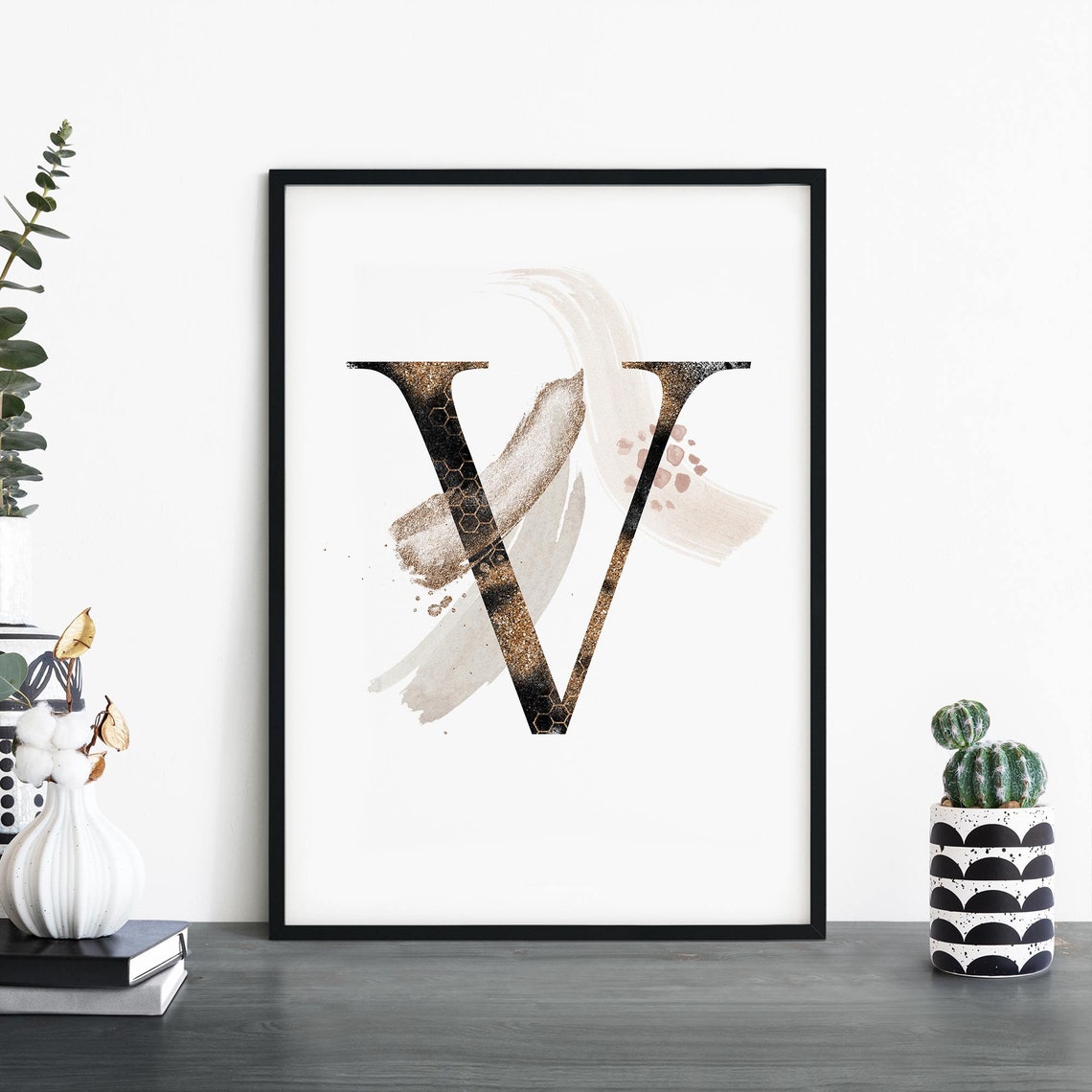 Black Gold Abstract Letter V Monogram Modern Brushstroke Art Poster