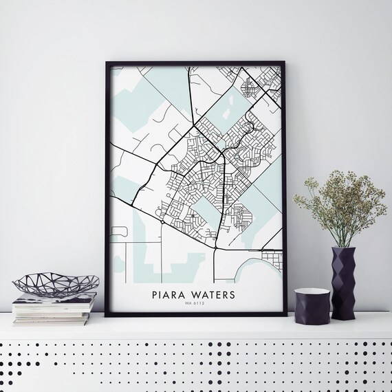 Piara Waters Perth Australia Suburb Street Map Aqua Detail Print