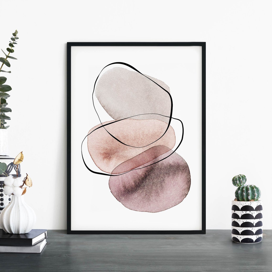 Abstract Watercolor Stacked Blush and Plum Pebbles Minimal Decor Print
