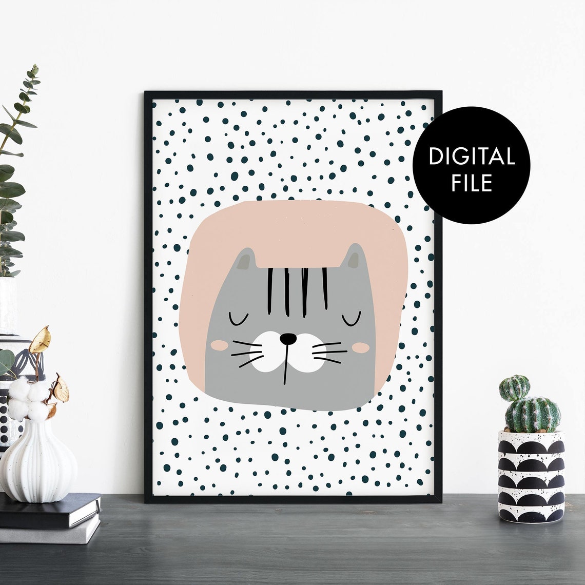 Sleepy Gray Cat Face Polka Dot Digital File Nursery Wall Art