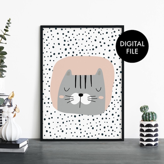 Sleepy Gray Cat Face Polka Dot Digital File Nursery Wall Art