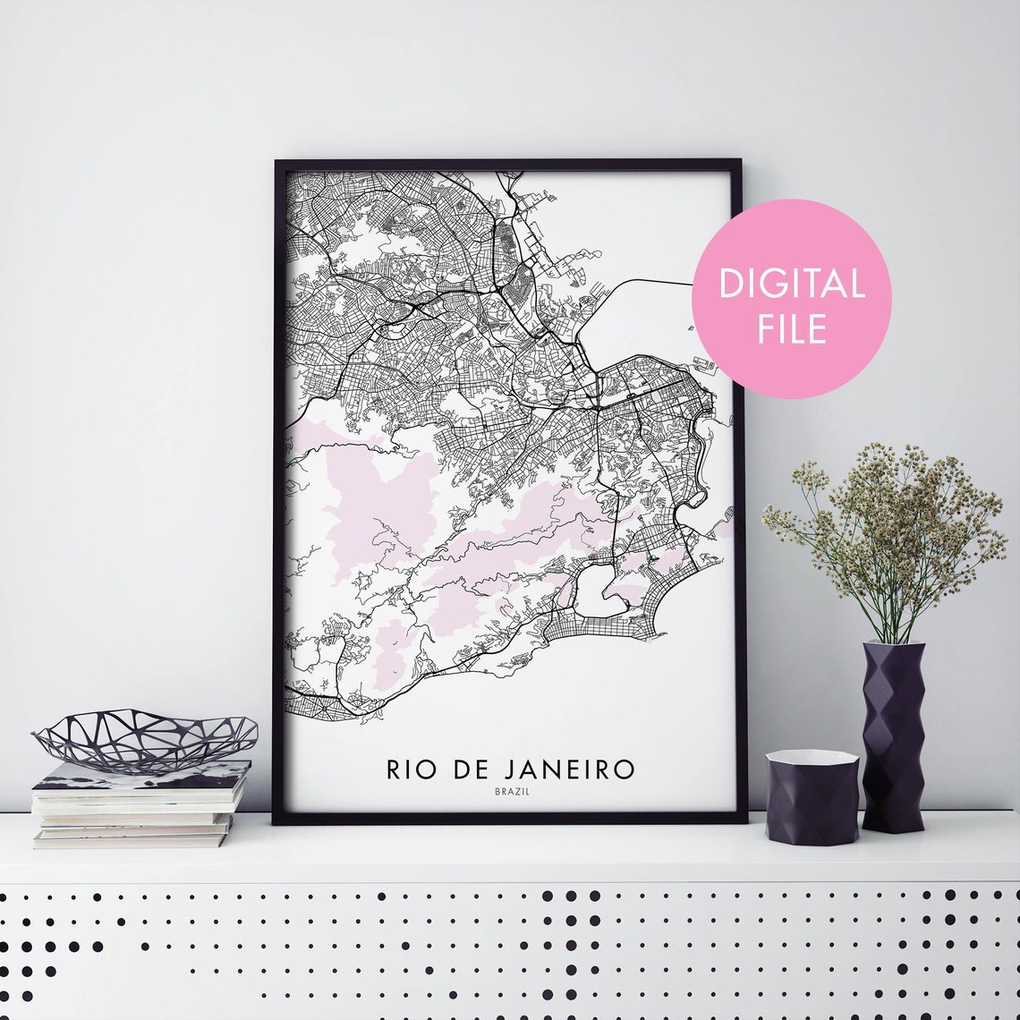 Rio de Janeiro Brazil Minimalist Pink Coastal City Map Poster
