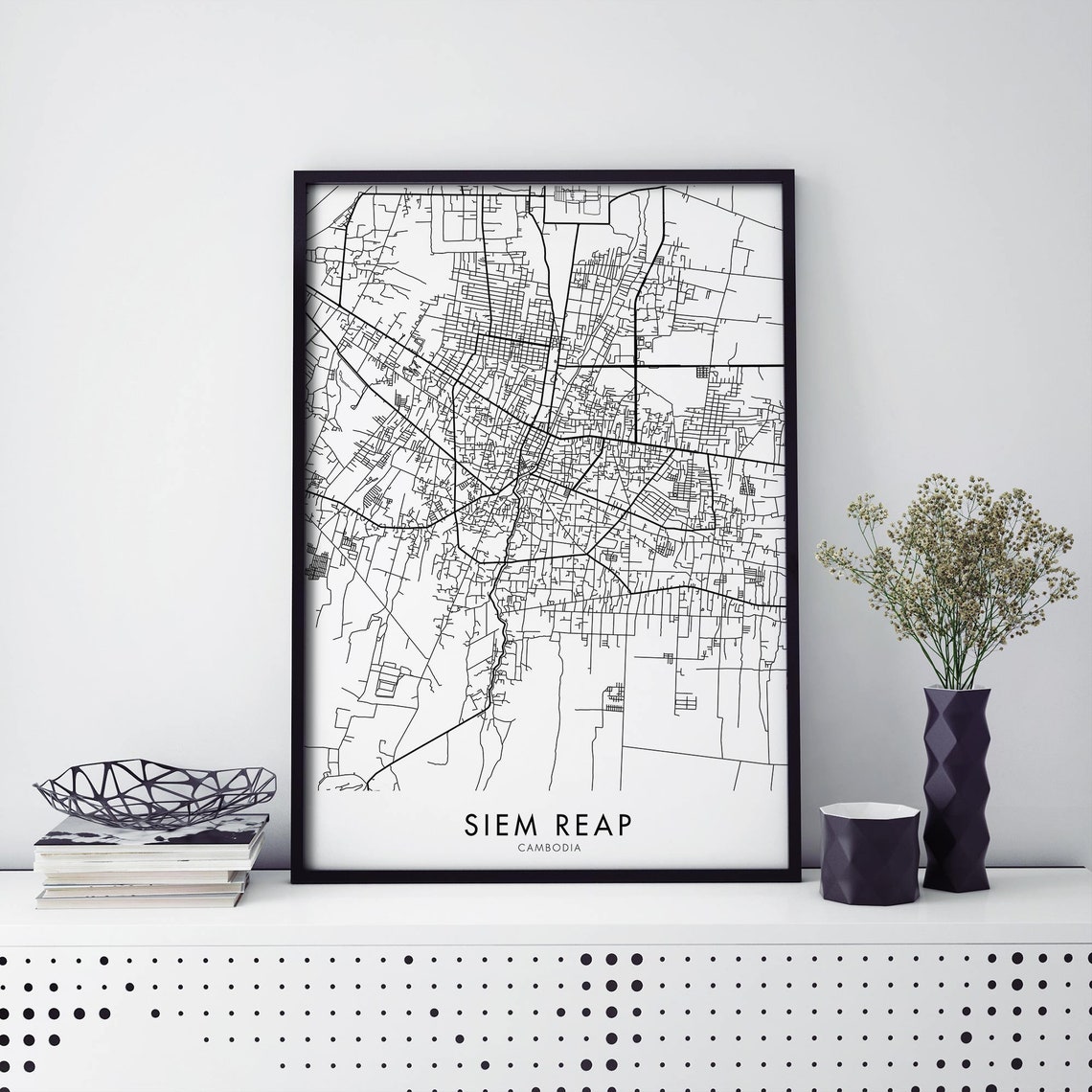 Siem Reap Cambodia Black White City Map Street Art Decor Poster