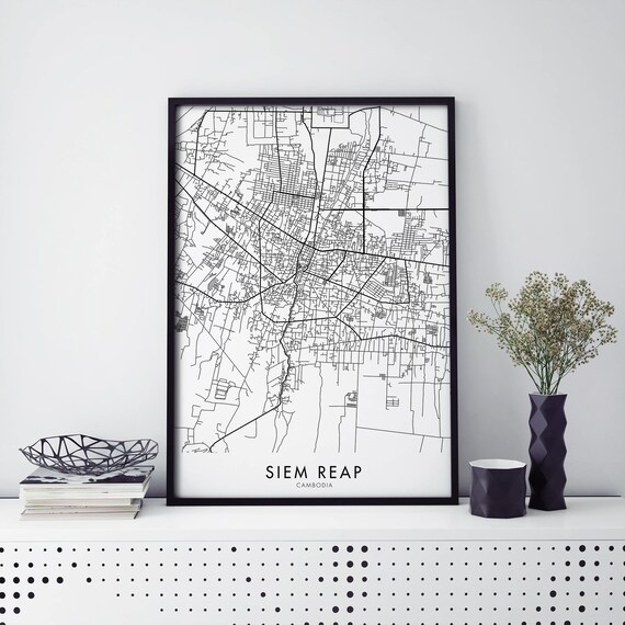 Siem Reap Cambodia Black White City Map Street Art Decor Poster
