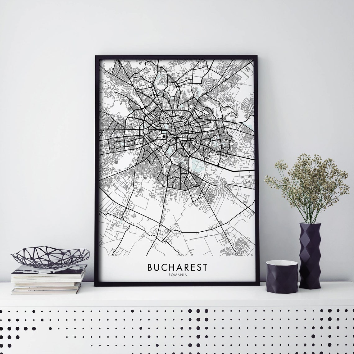 Bucharest Romania Detailed Black Street Map City Poster for Wall Decor