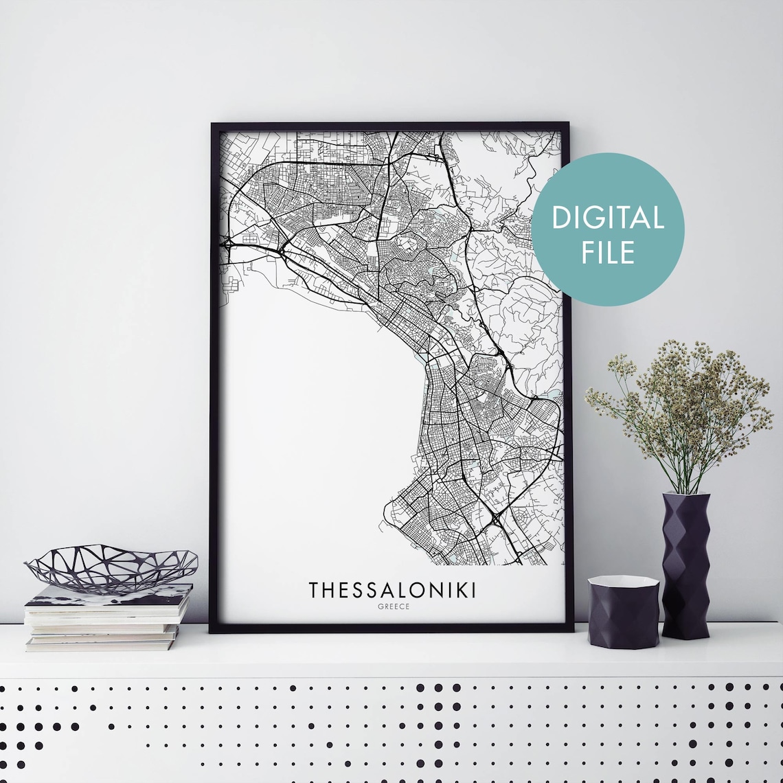 Thessaloniki Greece City Map Poster Minimal Black Street Plan Bay Coast