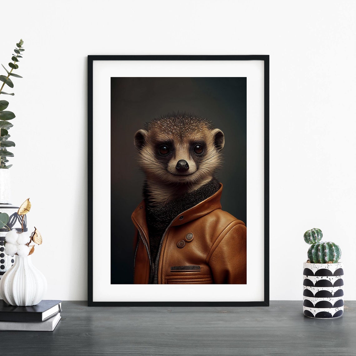 Meerkat In A Brown Leather Jacket Dark Studio Portrait Poster