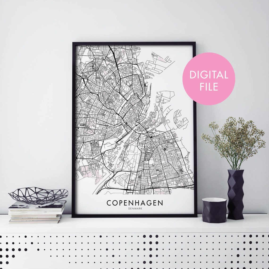 Copenhagen Denmark Minimalist Street Map Black Line Art Travel Poster
