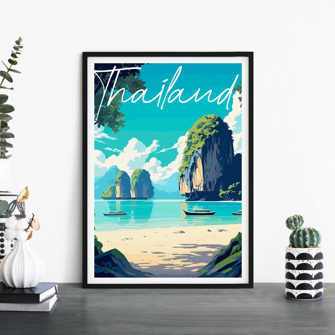 Thailand Limestone Karsts and Longtail Boats Illustrated Beach Poster