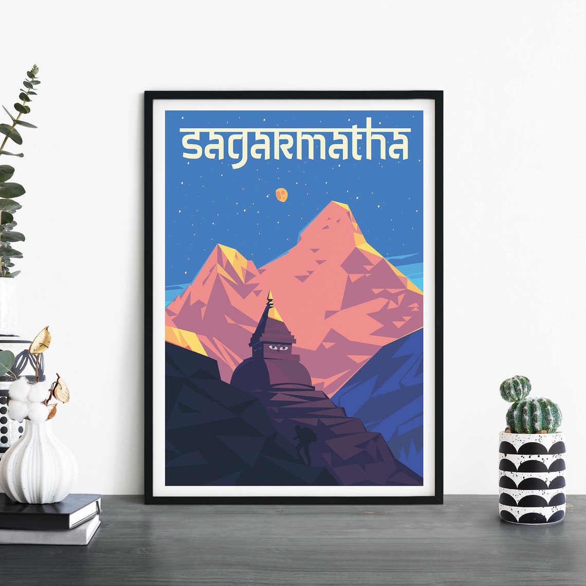 Sagarmatha Mount Everest Starry Night Buddhist Stupa Travel Art Poster