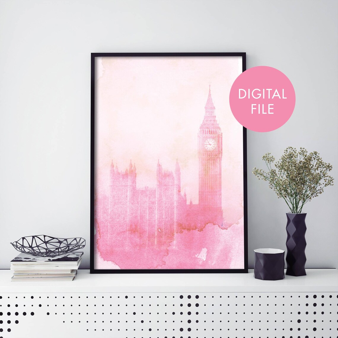 London Big Ben Pink Watercolor Wash Landmark City Art Poster