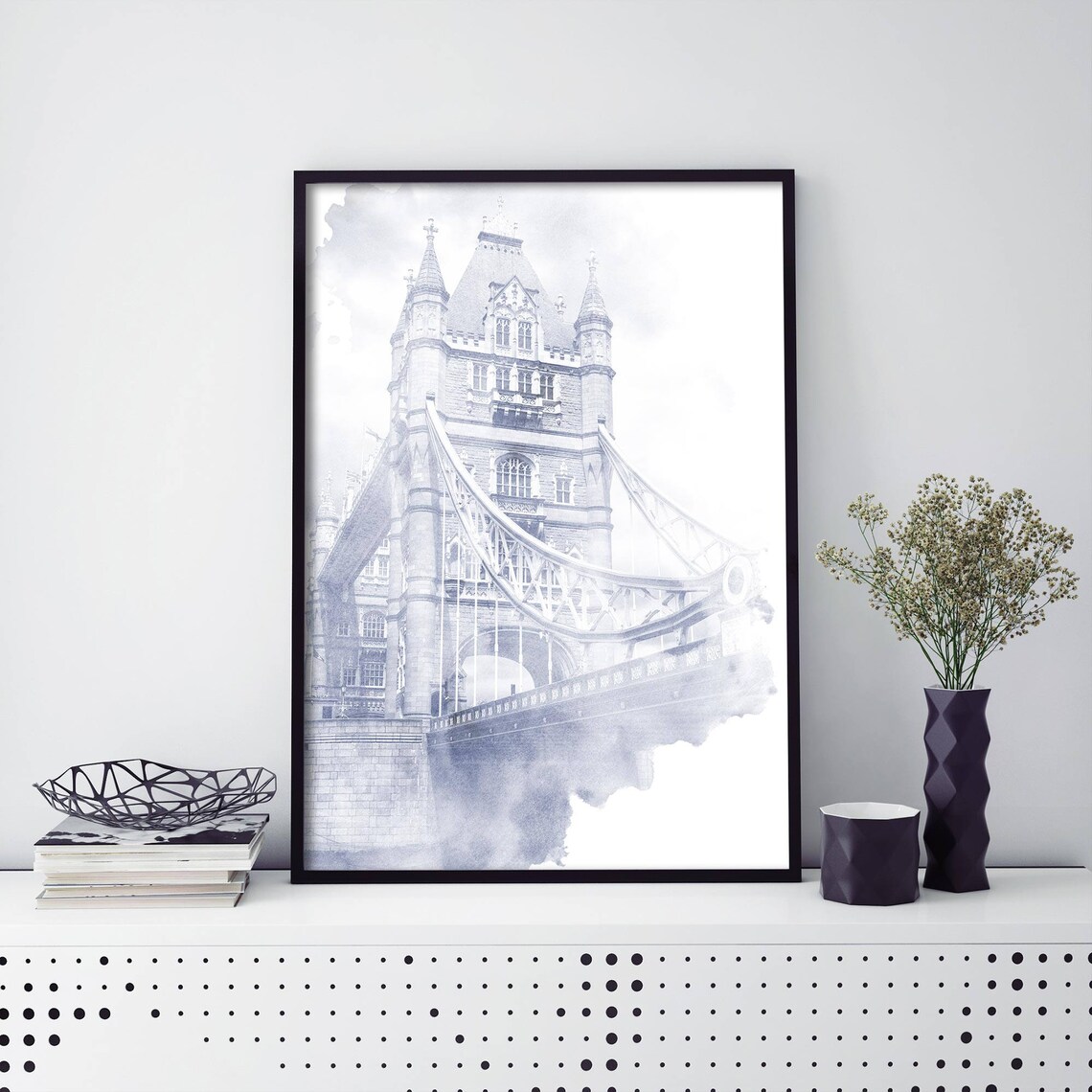 Tower Bridge London Faded Blue Watercolor Landmark Art Print