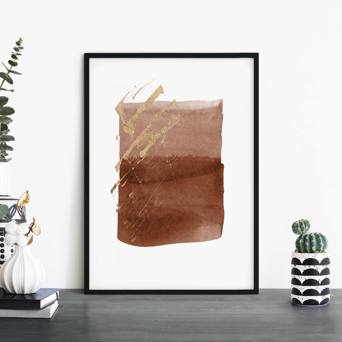 Rust Watercolor Block With Gold Brush Strokes Abstract Poster