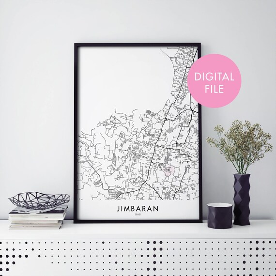 Minimalist Black and White Jimbaran Bali Street Map Art Print