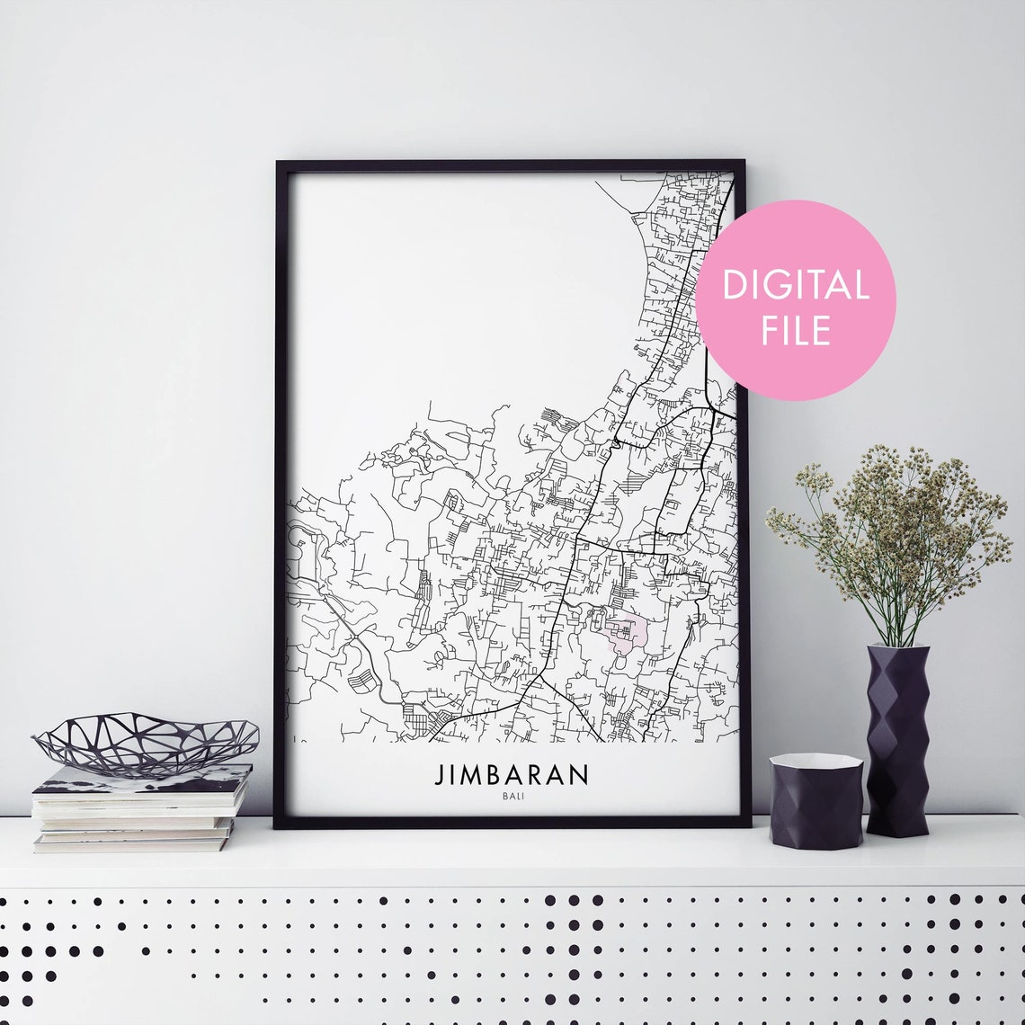 Minimalist Black and White Jimbaran Bali Street Map Art Print