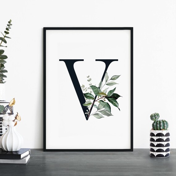 Botanical Letter V Monogram Initial Watercolor Greenery Art Poster